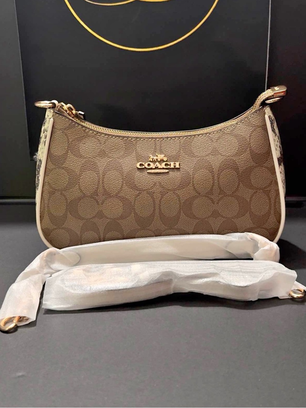 Coach Brown Signature Canvas Shoulder Bag with Cream Trim